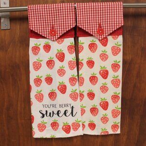 "YOU'RE BERRY SWEET" 2 HAND TOWELS RED WHITE STRAWBERRY HANDMADE HANGING KITCHEN